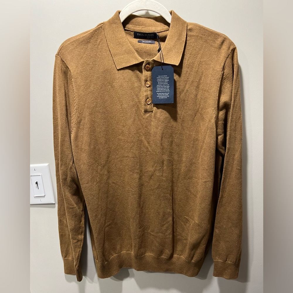 Paul James knitwear long sleeve 100% cotton polo. Men’s L. NWT. Color Camel